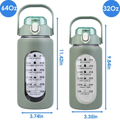 Glass Water Bottle Straw & Sleeve Handle with Time Marker & Lid 64Oz Gym Workout - Image 1 of 4