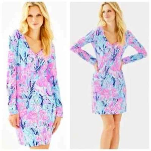 Lilly Pulitzer Women L Davie Dress Periwinkle Purple Fan Sea Floral Short V Neck - Picture 1 of 10