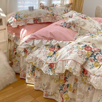 100%Cotton Bloom Floral Print Bedding Set 4pcs Ruffle Duvet Cover Bed Skirt Set - Image 1 of 4