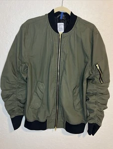 H&M Men’s Olive Green Ruched Sleeve Size M Double Zip Bomber Jacket - Picture 1 of 9