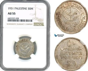 AH725, Palestine, 50 Mils 1931, London Mint, Silver, NGC AU55 - Picture 1 of 1