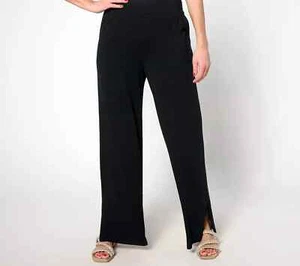 Denim & Co. Beach Jersey Wide Leg Pant w/Slits-Black-Petite XS A637297 NEW - Picture 1 of 2