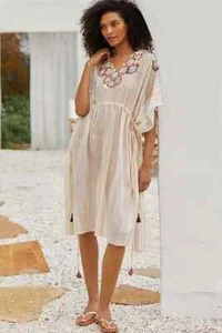 Anthropologie Embroidered Beaded Kaftan Kimono Coverup Dress Cotton Sz L/XL NEW - Picture 1 of 8