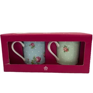 Royal Albert Polka Blue Rose Green Pink Coffee Cup Mug Set of 2 NIB - Picture 1 of 8
