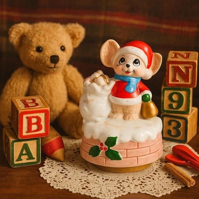 Estatuilla de Papá Noel ratón de Navidad vintage caja de música cerámica decoración navideña Foto 1 de 4