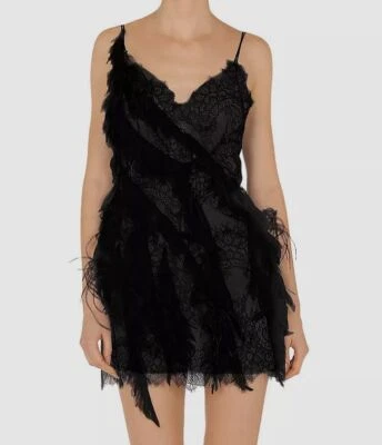 $2770 Mini Vestido Alberta Ferretti Para Mujer Negro Encaje Pluma Talla IT42 US6 Foto 1 de 4