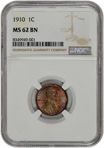 1910 1c Lincoln Wheat Cent NGC MS 62 BN with Color Toning - Picture 1 of 2