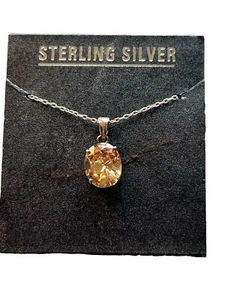 Sterling Silver Chain Necklace Yellow glass pendant 16" chain NEW - Picture 1 of 4