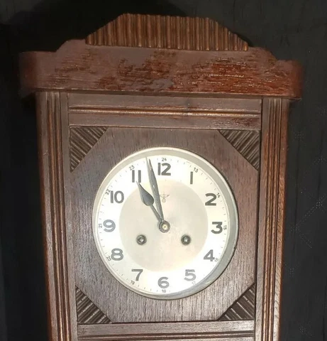 Edwardian FMS Mauthe German Antique Pendulum Wall Clock- Wooden w/ Beveled Glass Cover
