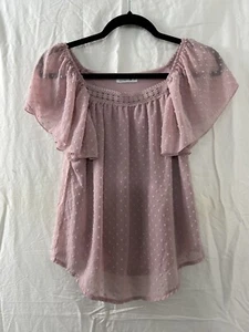 Beautees Dusty Rose Pink Tunic Sheer Lined Lace Neck Flutter Sleeve Polka Dot 12 - Picture 1 of 13