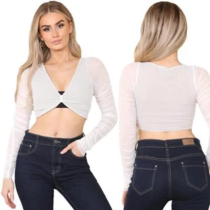 Blusa corta de mujer con lazo de malla manga larga transparente diseño mariposa cuello en V - Imagen 1 de 5