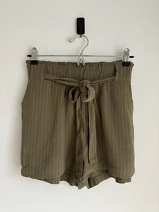 NWT HEM & THREAD Small Green Stripe Linen Blend Shorts Elastic Waist High Waist - Picture 1 of 7