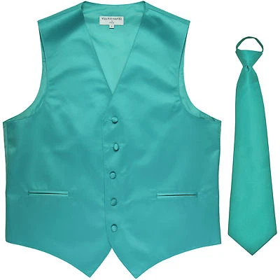 New Men's Formal Tuxedo Vest Waistcoat Pre-tied Necktie solid Aqua blue wedding - Image 1 of 4