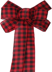 BUVANE Large Christmas Tree Topper Bow Red Black Buffalo Plaid with Tails - Picture 1 of 5
