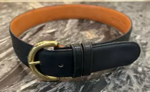 Coach Navy Leather Belt Solid Brass Buckle 8500 Vintage USA Medium 1.5” Wide - Picture 1 of 10