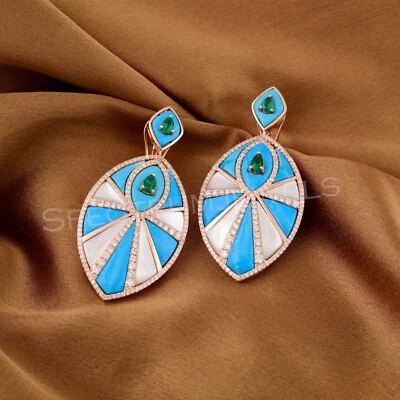 Zambian Emerald H/SI Diamond Turquoise Pearl Dangle Earrings 14k Rose Solid Gold - Image 1 of 4