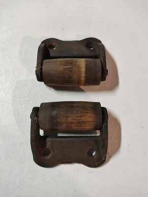 Pair Antique Pump Organ Strap Wood Rollers w/ Cast Iron Mounting Brackets - Image 1 of 4