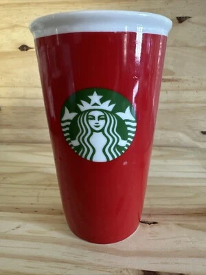 Taza de café de viaje Starbucks roja verde vacaciones porcelana cerámica reutilizable 11 oz  Foto 1 de 4