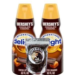 Dumbass Coffee Bean w/ Int'l Delight Chocolate Caramel Coffee Creamer 32oz 2 Pks - Picture 1 of 1