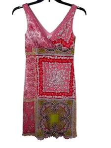 Vintage Y2K rosa Patchwork Perlen V-Ausschnitt Babydoll transparent gefüttert Salatsaum Kleid S - Bild 1 von 13