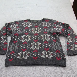 J Crew Wool Sweater Snowflake Fair Isle Gray Red White Large - Picture 1 of 7