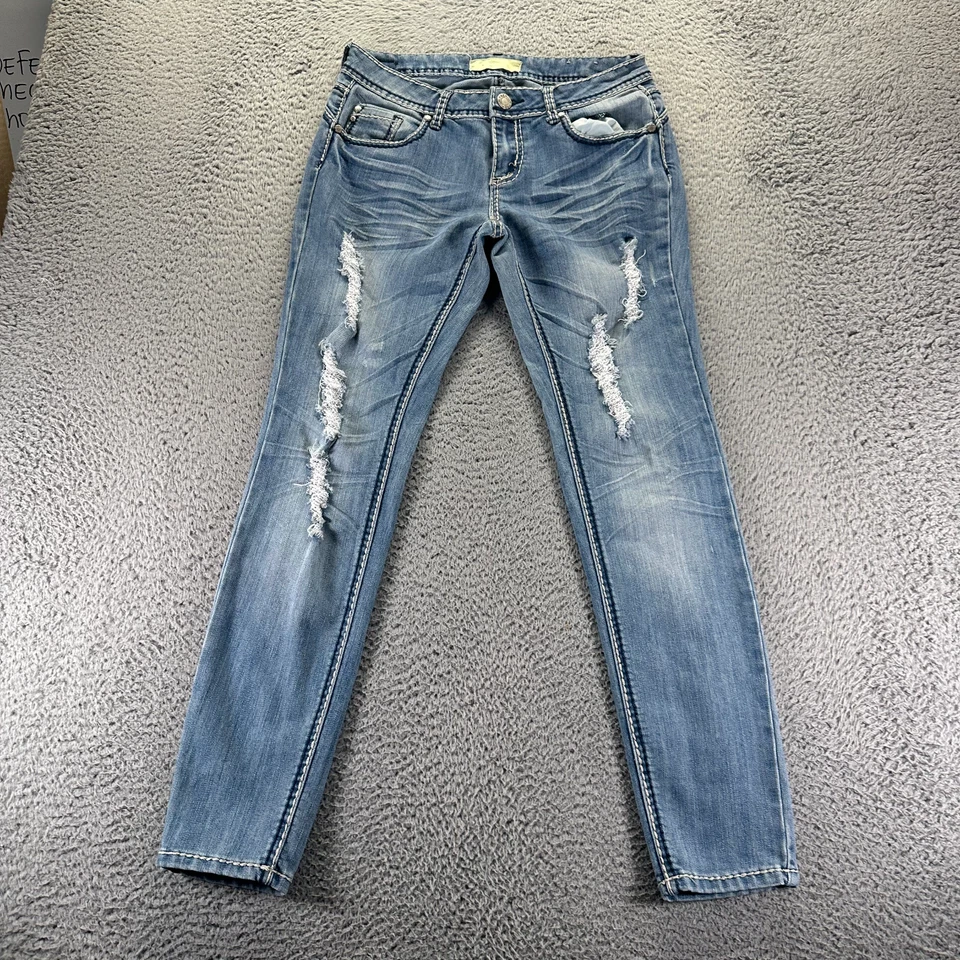 Pantalones de mezclilla Almost Famous Premium para mujer 9 azul algodón ajustados elásticos desgastados Foto 1 de 4