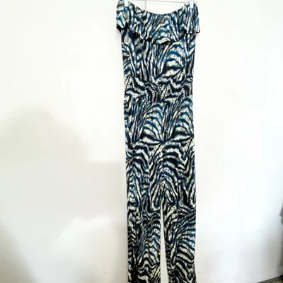 Sara Elastic Ruffle Chest Blouson Elastic Waist Wide Leg Zebra Print Jumpsuit L - Image 1 of 4