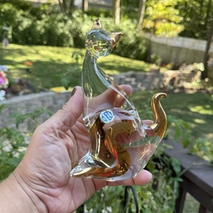 Authentic Murano Cat Figurine Hand Blown Art Glass Gold Clear 6.5” Made In Italy - Picture 1 of 8