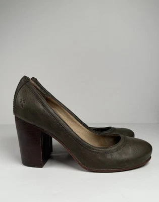 FRYE Carson Pumps Dark Green/Gray Leather Stacked Distressed Heels Women’s 9.5M - Image 1 of 4