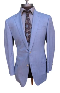 Samuelsohn Silk Wool Linen Light Blue Herringbone Two Button Blazer Coat SZ 44L - Picture 1 of 8
