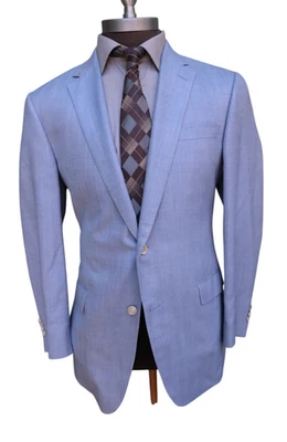 Samuelsohn Silk Wool Linen Light Blue Herringbone Two Button Blazer Coat SZ 44L - Image 1 of 4