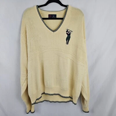 Suéter de golf Isle of Cotton para hombre talla grande tejido amarillo bordado vintage  Foto 1 de 4