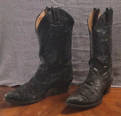Vintage Justin Black Cowboy Boots Blue Flame Stitch Snakeskin & Leather Women 8B - Image 1 of 4
