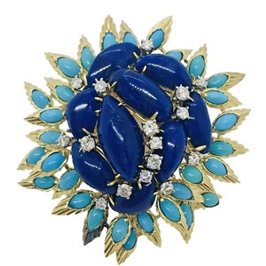 S & F 18k Gold Brooch Turquoise Lapis Diamond Pin - Picture 1 of 12
