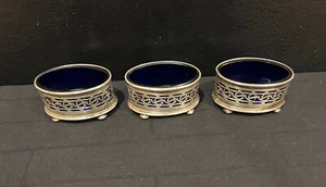 STERLING SILVER 3 PIECE CONDIMENT SET, COBALT BLUE GLASS, Docker&Burn 1930 - Picture 1 of 5