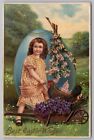 Postcard Best Easter Wishes Little Girl Pretty Easter Egg Chicken *C7900