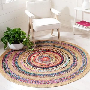 Round Jute Cotton Rug Natural Hand Braided 100% Farmhouse Area Rug Living Room - Picture 1 of 4