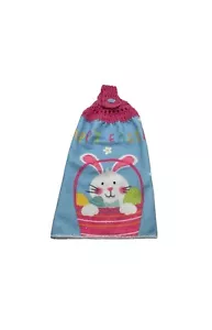 Easter Hanging Dishtowel Bunny Basket on Blue Towel Pink Crochet Top - Picture 1 of 6