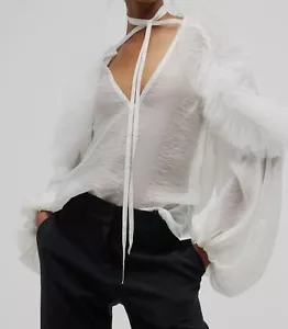 $990 Unttld Women's White Ruffled Plunging Neck Hi-Lo Blouse Top Size FR38/US6 - Picture 1 of 4