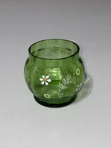 Vintage 3" Uranium Glass Green Bowl Painted Artwork Flowers Leaves - Picture 1 of 4