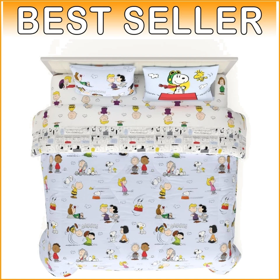 Official Peanuts 7-Piece Comforter Set in Light Blue - King Size Cartoon Bedding - Image 1 of 4