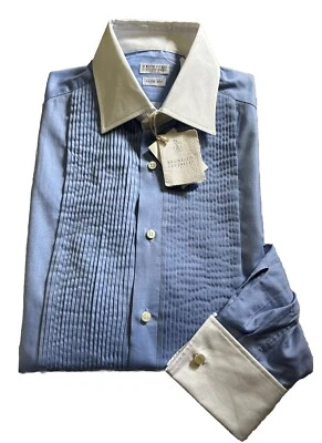 Brunello Cucinelli Men Slim Fit Pintuck Shirt Sky Blue M New $945 - Image 1 of 4