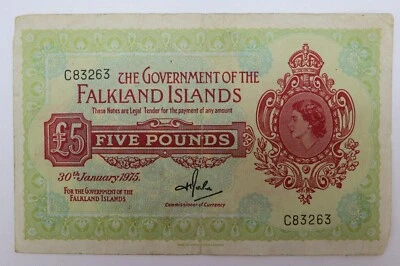 Falkland islands 5 pound note 30 January 1975 in 5" x 7" frame low numberC83263  - Image 1 of 4