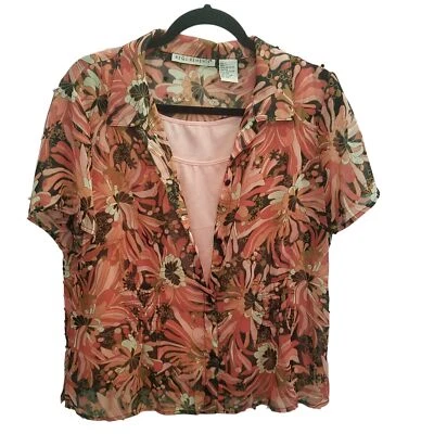 Requirements Womens Sz L Pink Floral Short Sleeve Collared Blouse - Image 1 of 4