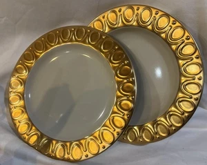 2 Crate & Barrel Amira Dinner Plates Charger Cream Embossed Gold Rim - Picture 1 of 6