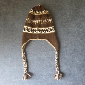 Reversible Alpaca Wool Earflap Hat Peru Style Brown Tan Knit Chullo Beanie - Picture 1 of 4