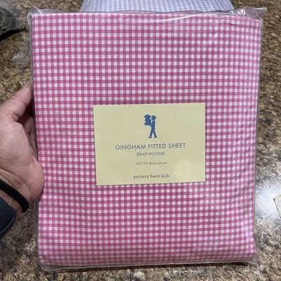 Sábana ajustable Pottery Barn Kids rosa guinga a cuadros tamaño completo 100 % algodón nueva en paquete Foto 1 de 4