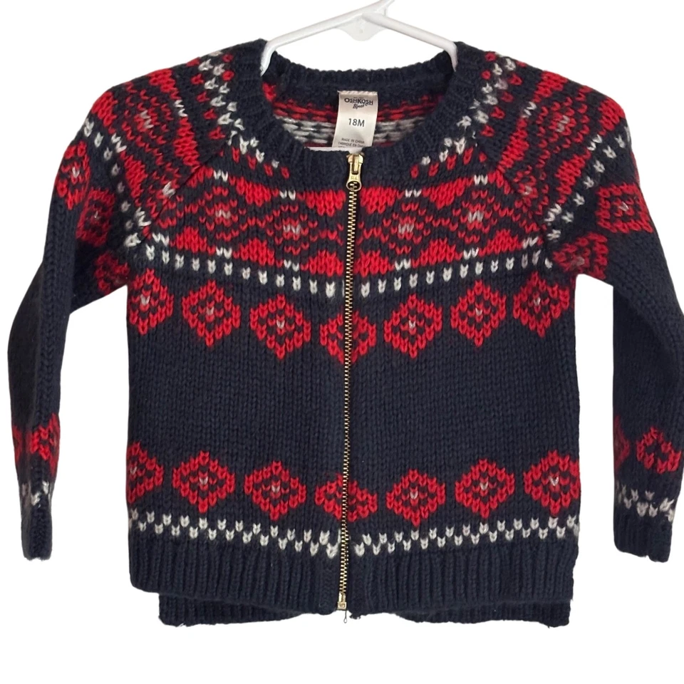 Cardigã suéter OshKosh 18M bebê ilha justa zíper vermelho marinho férias criança em excelente estado usado - Imagem 1 de 4