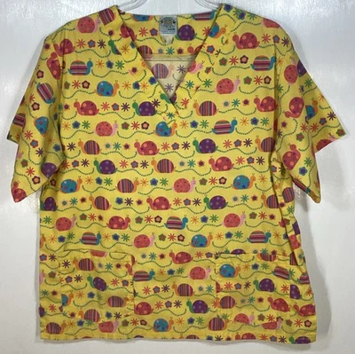 Scrub Top womens size M medium by Happy Scrubs Snails Trails Flowers yellow soft - Image 1 of 3