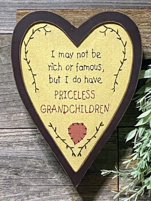 Vtg❤️Embroidered Framed Heart Grandma Saying Priceless Grandchildren Primitive  - Image 1 of 4
